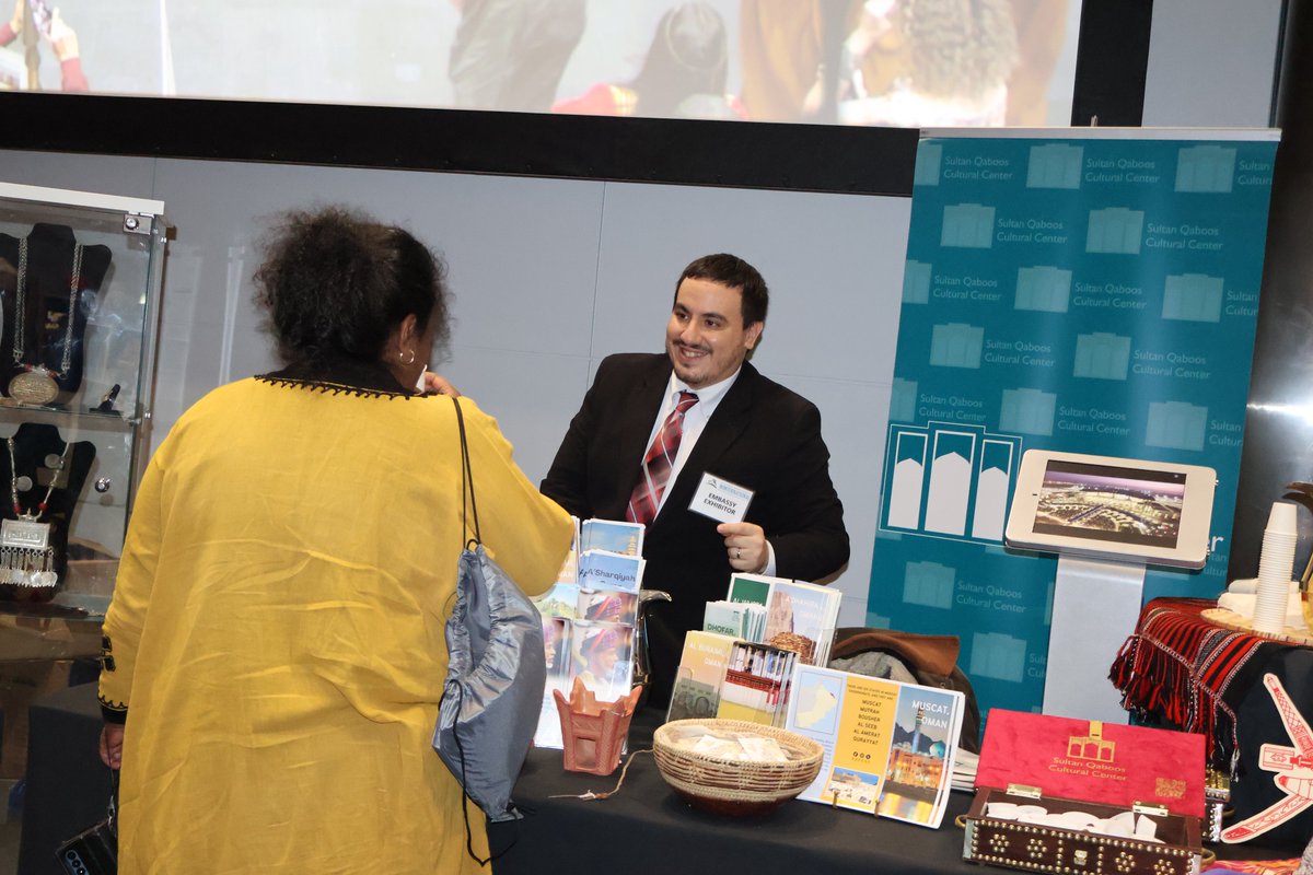 SQCCDC's tweet photo. The Sultan Qaboos Cultural Center @SQCCDC represented the Sultanate of Oman at @ReaganITCDC 11th annual embassy showcase Winternational in Washington, DC, showcasing Oman's rich culture and history through artifacts, books and traditional food. #Oman #SQCC #Winternational https://t.co/UCO1PjK0AG