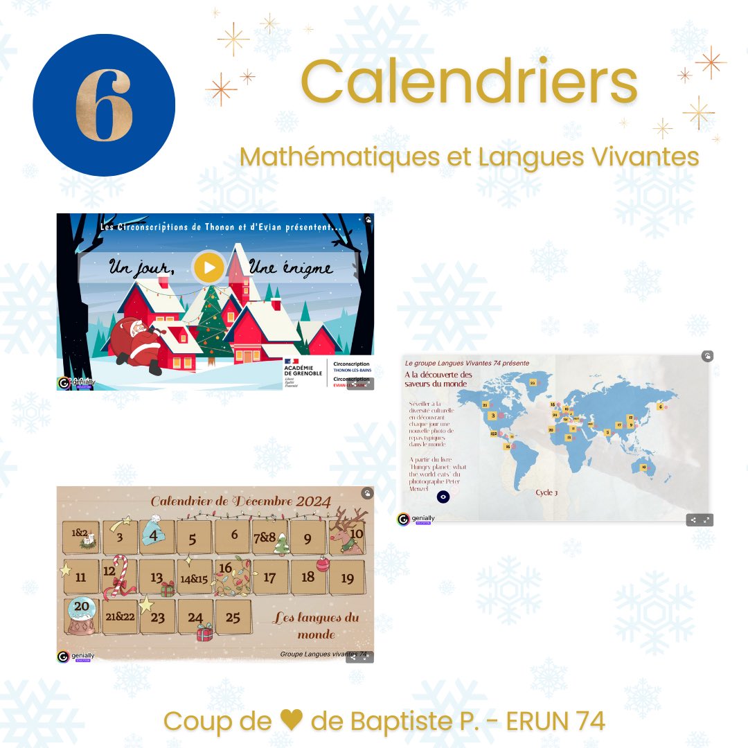 ✨PÉPITE 6 – Calendriers✨

Baptiste #ERUN partage 3 calendriers de décembre préparés par des groupes départementaux 74!

🧮 1 jour 1 énigme
🗺️ les langues du monde
🍽️ à la découverte des saveurs du monde

De quoi patienter jusqu'aux vacances😉

🔗acver.fr/pepites2024
Case6️⃣