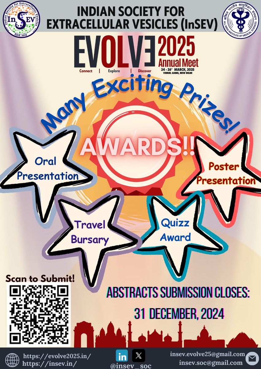 Announcing many Exciting Awards for Young Researchers at EVOLVE 2025!🏅🏅🏅
Do Register and Submit your Abstracts ASAP to be the winners!
Indian Society for Extracellular Vesicles (InSEV)
evolve2025.in
