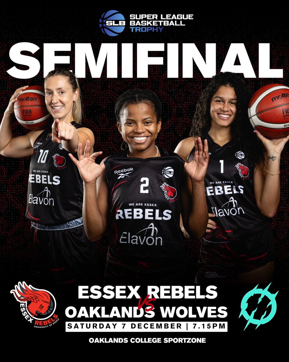 Essex Rebels Basketball (@essexrebels) on Twitter photo SLB Trophy Semifinal Tomorrow‼
The Essex Rebels Women will face the Oaklands Wolves on the road in the <a href="/SprLeagueBballW/">Super League Basketball</a> Trophy Semifinal tomorrow, 7 December, at 7.15 PM at the Oaklands College Sport Zone!
📷 Tune in Live on the SLB Women YouTube channel!
#UpTheRebs SLB Trophy Semifinal Tomorrow‼
The Essex Rebels Women will face the Oaklands Wolves on the road in the <a href="/SprLeagueBballW/">Super League Basketball</a> Trophy Semifinal tomorrow, 7 December, at 7.15 PM at the Oaklands College Sport Zone!
📷 Tune in Live on the SLB Women YouTube channel!
#UpTheRebs