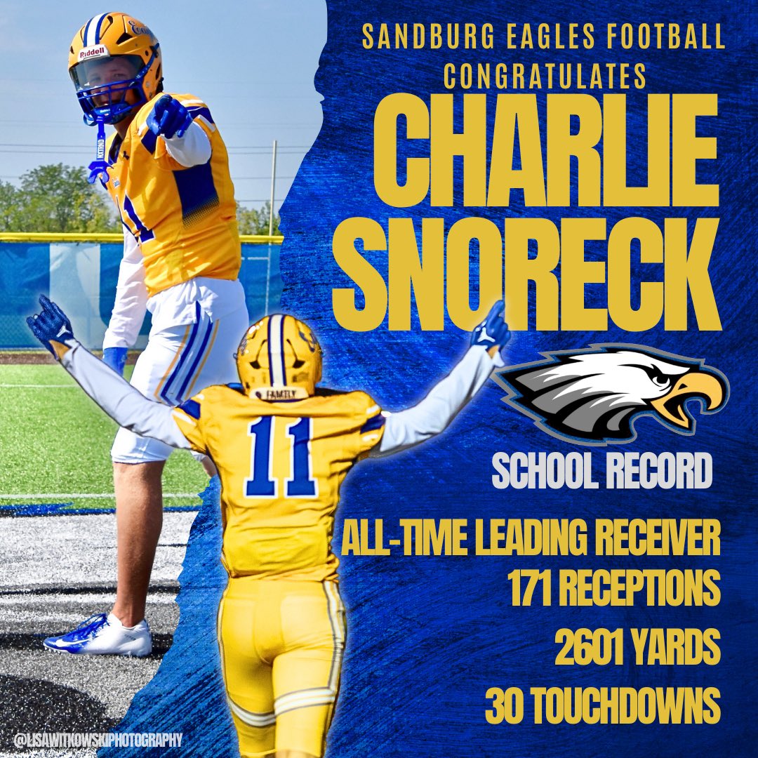 SandburgEagles's tweet photo. Eagles fans, join us in recognizing one of our star variety football athletes, #11, Charlie Snoreck!

Snoreck has set a NEW Sandburg High School record as the Sandburg Eagles Football All-Time Leading Receiver. 

Congratulations, #11! 

more to follow… https://t.co/e30AXem5Jq