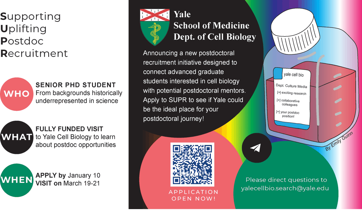 Are you a senior PhD student or recent grad seeking a postdoc opportunity? Apply to SUPR, Yale Cell Biology’s new initiative! Selected applicants will visit Yale to connect with potential mentors! Deadline: 1/10/2025. Apply: medicine.yale.edu/cellbio/postdo…