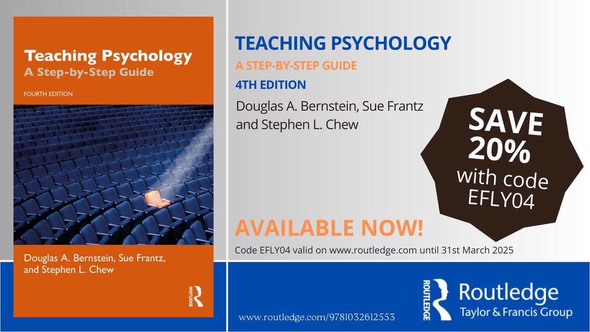 Zoe Thomson-Kemp (@zoethomsonkemp) on Twitter photo Congratulations to Douglas A. Bernstein, Sue Frantz and Stephen L. Chew, whose new edition of 'Teaching Psychology: A Step-by-Step Guide' just published with <a href="/tandfpsychology/">T&F Psychology</a>
Check it out and get 20% off: routledge.com/9781032612553
<a href="/SChewPsych/">Stephen Chew</a> Congratulations to Douglas A. Bernstein, Sue Frantz and Stephen L. Chew, whose new edition of 'Teaching Psychology: A Step-by-Step Guide' just published with <a href="/tandfpsychology/">T&F Psychology</a>
Check it out and get 20% off: routledge.com/9781032612553
<a href="/SChewPsych/">Stephen Chew</a>