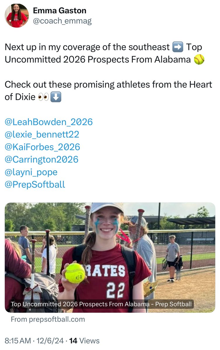 Thank you <a href="/PrepSoftball/">Prep Softball 🥎</a> for the write up!! Counting down the days until I can get back on the field with my girls!! <a href="/08Bolts2026/">Birmingham Thunderbolts Premier 2026/2027 Chaney</a> <a href="/Boaz_Softball/">Boaz High School Softball</a> <a href="/BoazFlag/">Boaz Pirate Flag Football</a>