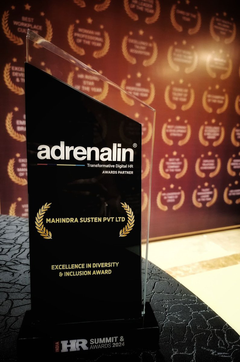 MahindraSusten's tweet photo. We are honoured to receive the Excellence in Diversity &amp; Inclusion Award at the India HR Summit &amp; Awards 2024.

This recognition reflects Mahindra Susten's commitment to creating an inclusive workplace where every voice is valued and every individual thrives. https://t.co/OYdPKpacVa