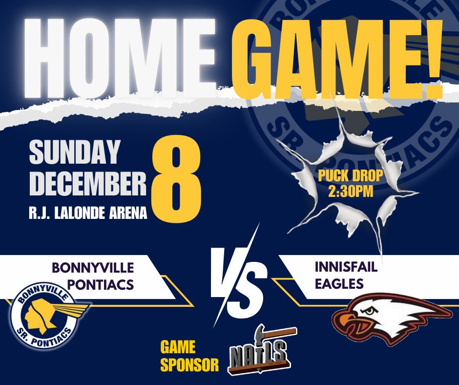 Home Game Sunday vs Innisfail Eagles. Puck drop at 2:30 RJ Lalonde Arena. Thanks to Nails. #NCHL #GoPontiacsGo