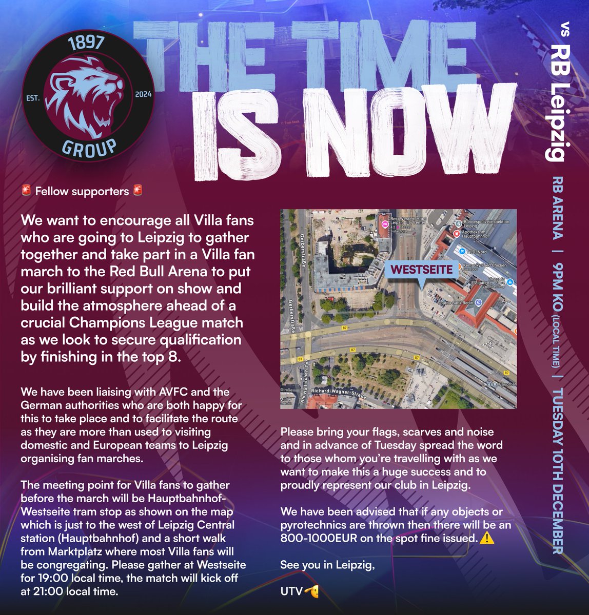VP1897's tweet photo. Attention all Villans travelling to Leipzig - Villa fan march details 🚨 💪

#avfc #ucl #utv https://t.co/L9qz9RJoeN