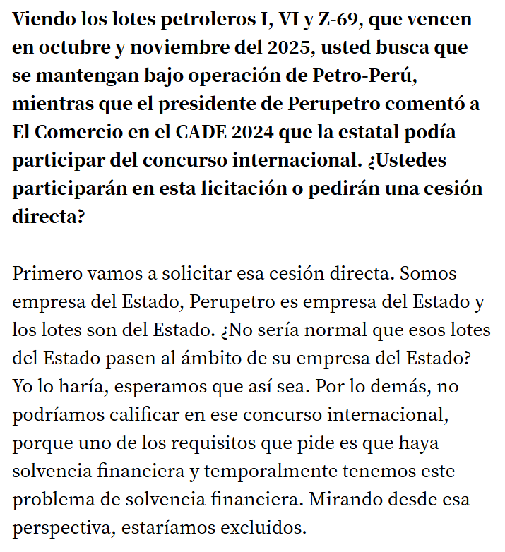 #Petroperu
(parafraseo)
Periodista <a href="/elcomercio_peru/">El Comercio</a>: ¿Y concursarán para operar los lotes petroleros I, VI y Z-69?

Presidente de Petroperú: No. Como somos Estado, que nos los den a dedo. De hecho, como somos insolventes, ni siquiera calificaríamos al concurso✌️

No es broma.