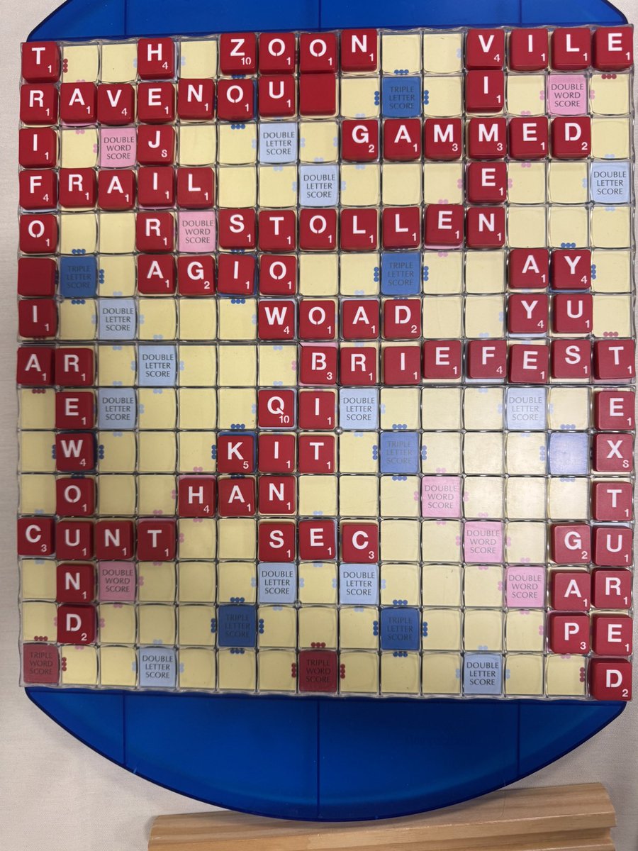 Magratheazaphod's tweet photo. I’m back on the scrabbling trail! Just played a beautiful game against Paula Castaneda, a Bay Area stalwart. I had a rack of AEIIOT? (too many vowels!), she attempted to block with FRAIL, but this was just what I needed for the 90-point non-bingo of TRIFORIA! https://t.co/9TqSF60Ubd