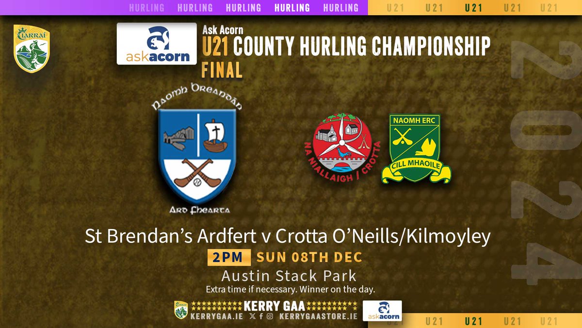⚠️ IMPORTANT FIXTURE UPDATE ⚠️

U21 Ask Acorn County Hurling Championship Final will now take place at 2pm Sunday 8th December 2024 due to strong winds forecast for Saturday.