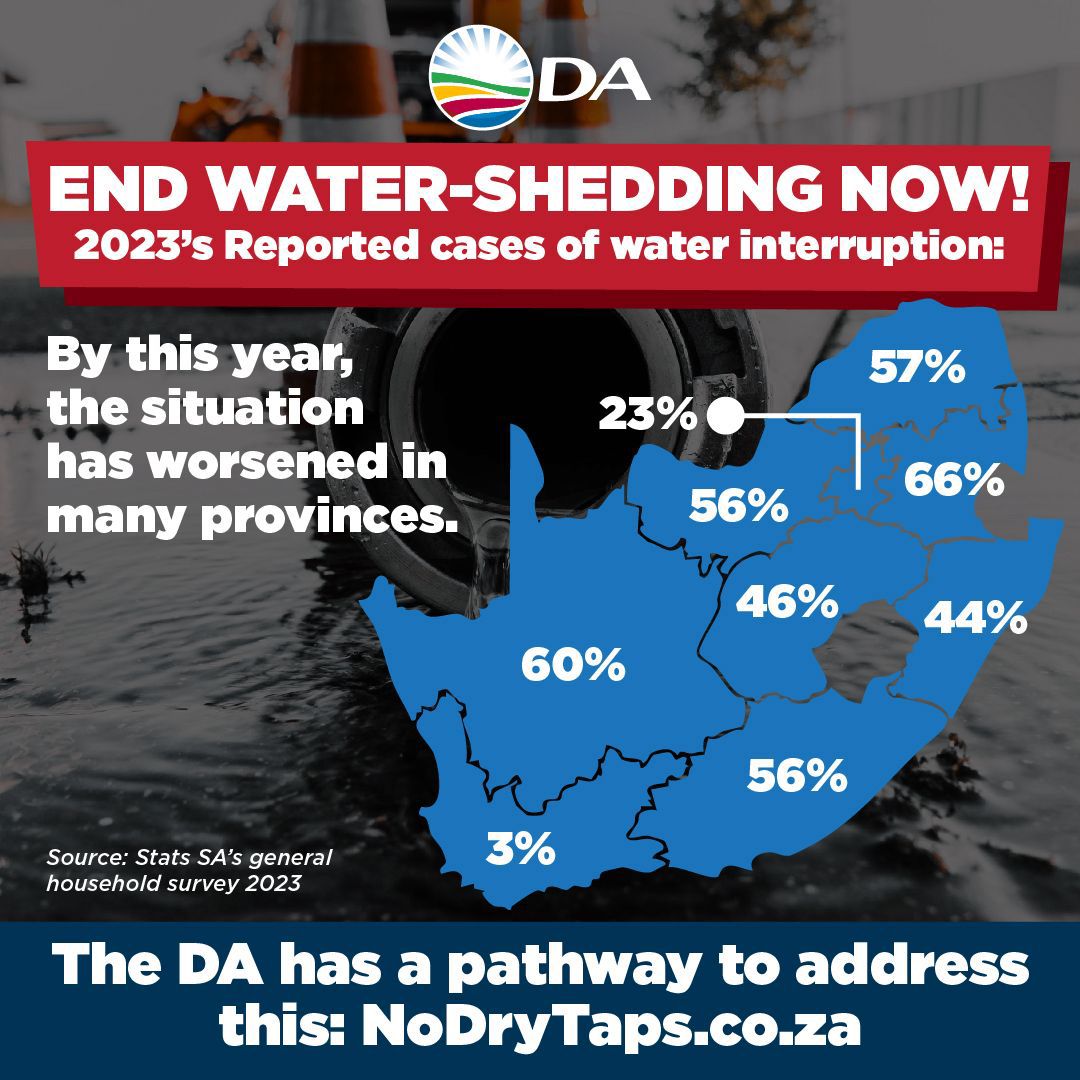 SA needs urgent action to solve the water crisis! The DA is leading the way with practical plans: 

✔ Partnering with private companies for water infrastructure. 
✔ Building water-sensitive cities for better flood control &amp; reuse. 
✔ Promoting water-wise citizens. 
✔ Tackling