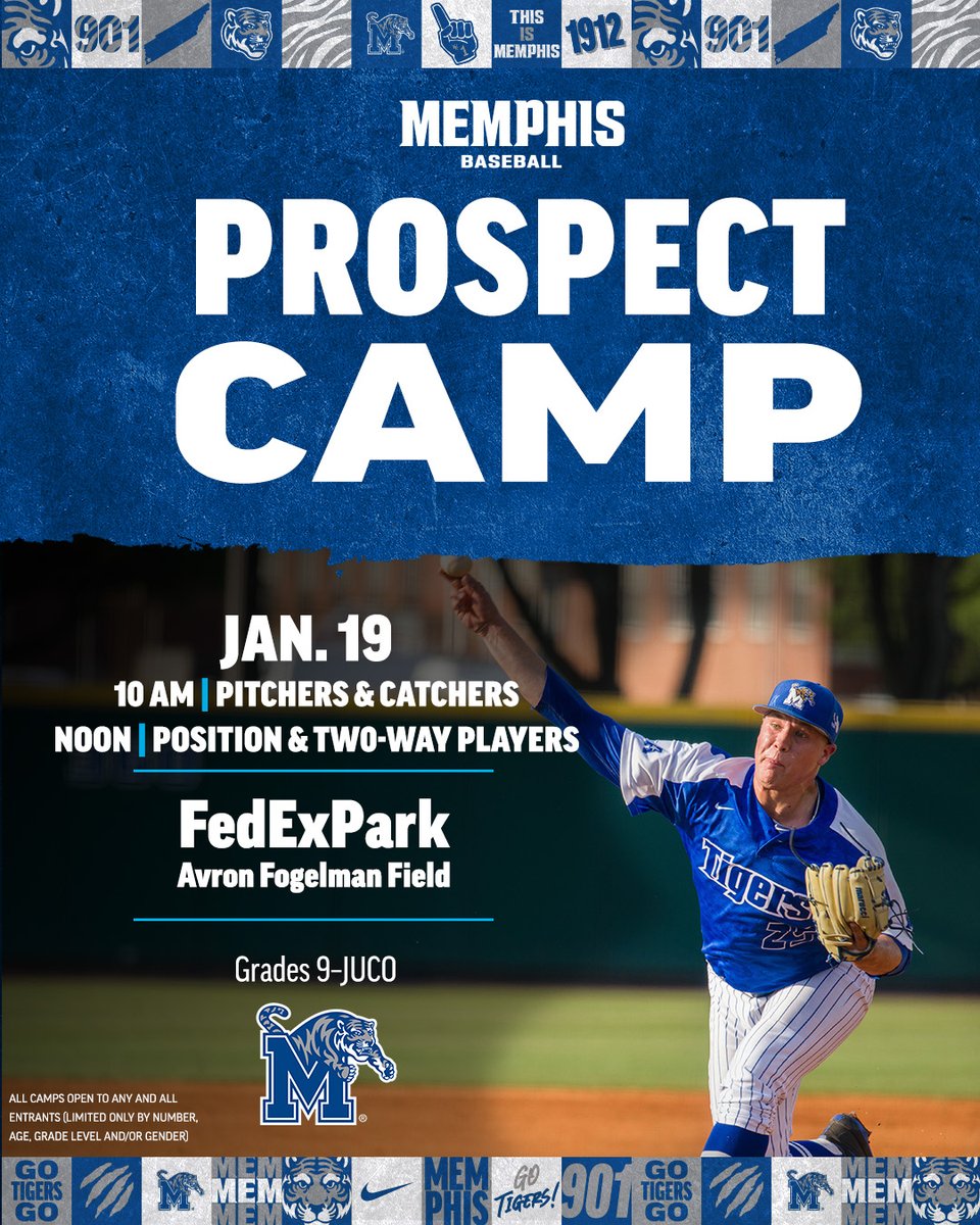 There are still spots remaining for our January prospect camp, open to grades 9-JUCO!  

Sign up at the link ⬇️ 
🔗 memphisbaseballcamps.com