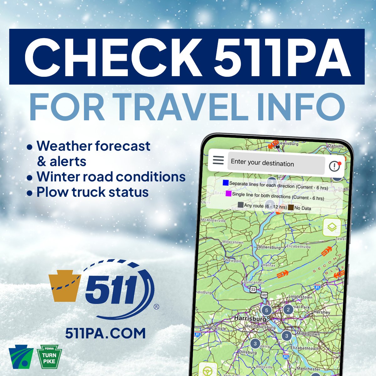 511PA.com is a great tool year-round, but it’s especially handy in winter. Check the site or download the app to see plow-truck locations and road clearing status. You can also sign up for local alerts. 

Learn more and download: 511pa.com/about/mobileapp.

#PAWinter