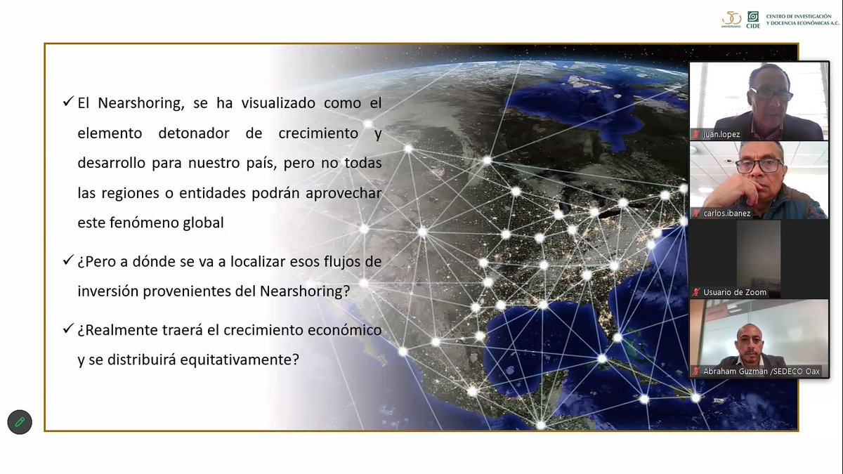 CIDE_MX's tweet photo. Comienza la penúltima sesión del curso de actualización "Política Industrial y Nearshoring".  La primera ponencia del día de hoy se titula: “Nearshoring y desarrollo regional: de la teoría a la práctica en México”, a cargo de la Dra. Maritza Velázquez, profesora de la @ded_cide https://t.co/WDGTXwHj69