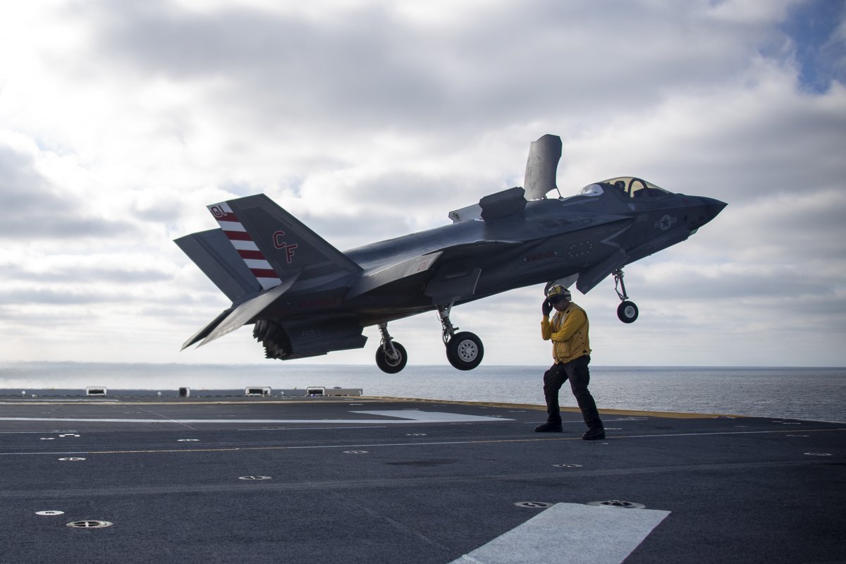 USPacificFleet's tweet photo. Precision in action! ๐โ๏ธ An F-35B Lightning II from VMFA-211 takes off and lands on the USS Tripoli (LHA 7) during #SteelKnight24. This exercise showcases the Marine Air-Ground Task Forceโs readiness as they integrate with joint and naval forces. ๐บ๐ธ https://t.co/vZOdF7XKI3