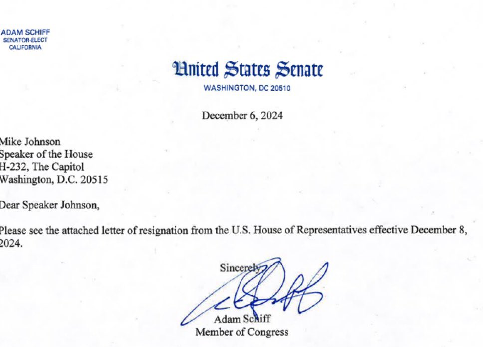 BREAKING:

🚨🚨🚨

Anti-Trump Democrat Congressman @RepAdamSchiff Adam Schiff, who is the top client of Judge Merchan’s daughter, just RESIGNED from Congress so he can get an early start on running for the US Senate in California .

Here’s his resignation letter, effective