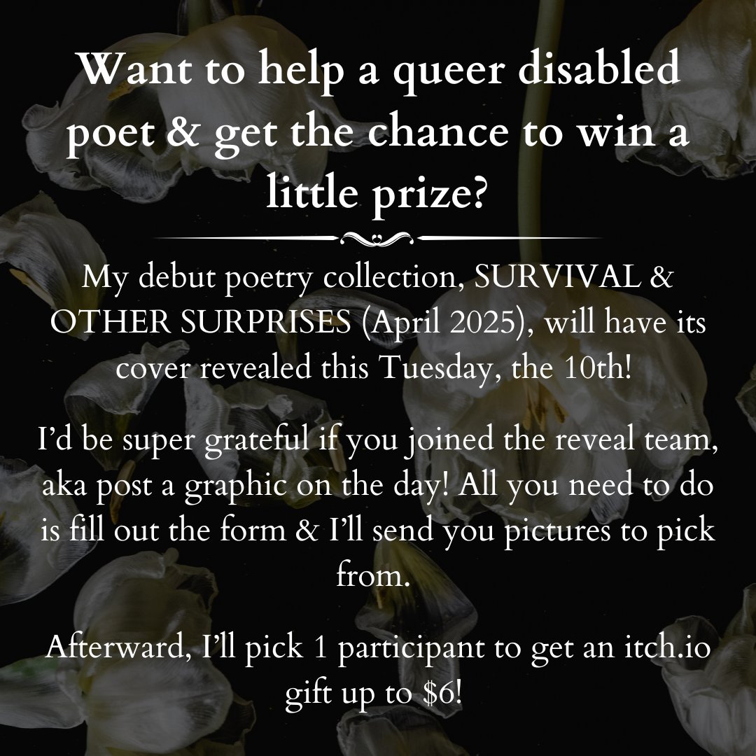 jester_casper's tweet photo. 🎉 It’s almost COVER REVEAL time 🎉 I’d be super grateful for y’all’s help! If you’re up for posting the cover to my debut poetry collection next Tuesday, check out this form: https://t.co/us0EjWBak9 comes with a small raffle & my gratitude!
#Poetry #Queer #TransBooks #Disabled https://t.co/WEAiJuJX0W