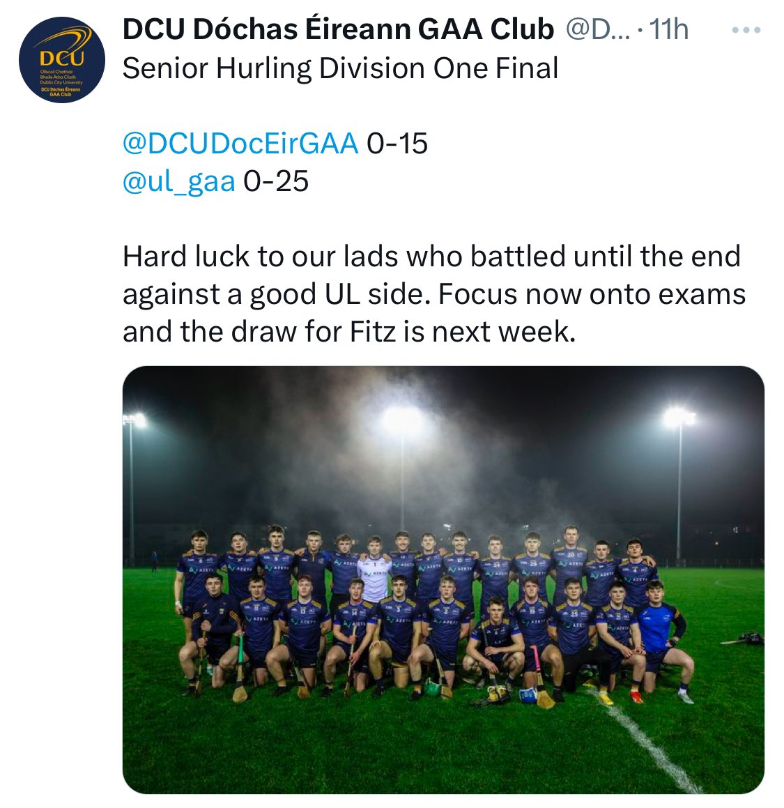 Great to see Kildare representatives Daniel O’ Meara (No.9) <a href="/maynoothgaa/">Maynooth GAA</a> and Cian Boran (No.14) <a href="/NaasGAA/">Naas GAA Club</a> playing for DCU in the Division One Senior Hurling Final last night.