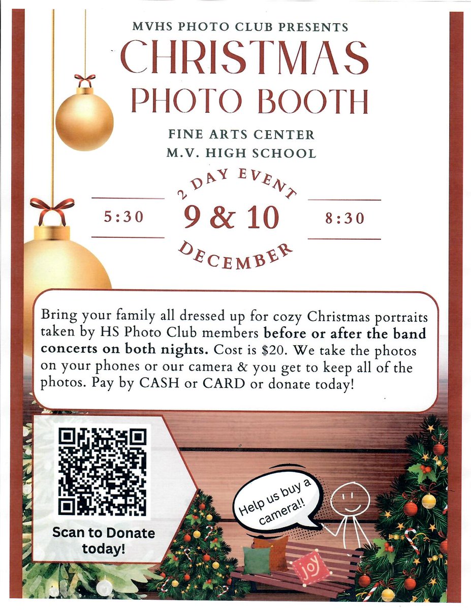 Still need Christmas portraits? 🌲 Our MVHS Photo Club will be available to take photos at the Fine Arts Center on Dec. 9-10! All you have to do is come dressed in Christmas attire and they will handle the rest! ❤️ Cost is $20 with cash or card.