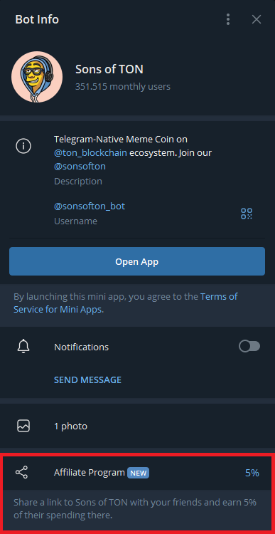 sonsofton's tweet photo. Now you can join the Sons of Ton Affiliate Program and get 5% revenue share with the Affiliate link per invited users!

What you need to do?

1) Open the bot chat https://t.co/Lb5J9QLatX
2) Click on the bot name
3) Click on the Affiliate Program button
4) Press the “Join Program” button on the screen that opens
5) Share your referral link with your community

This feature is currently only active for Telegram Desktop users.