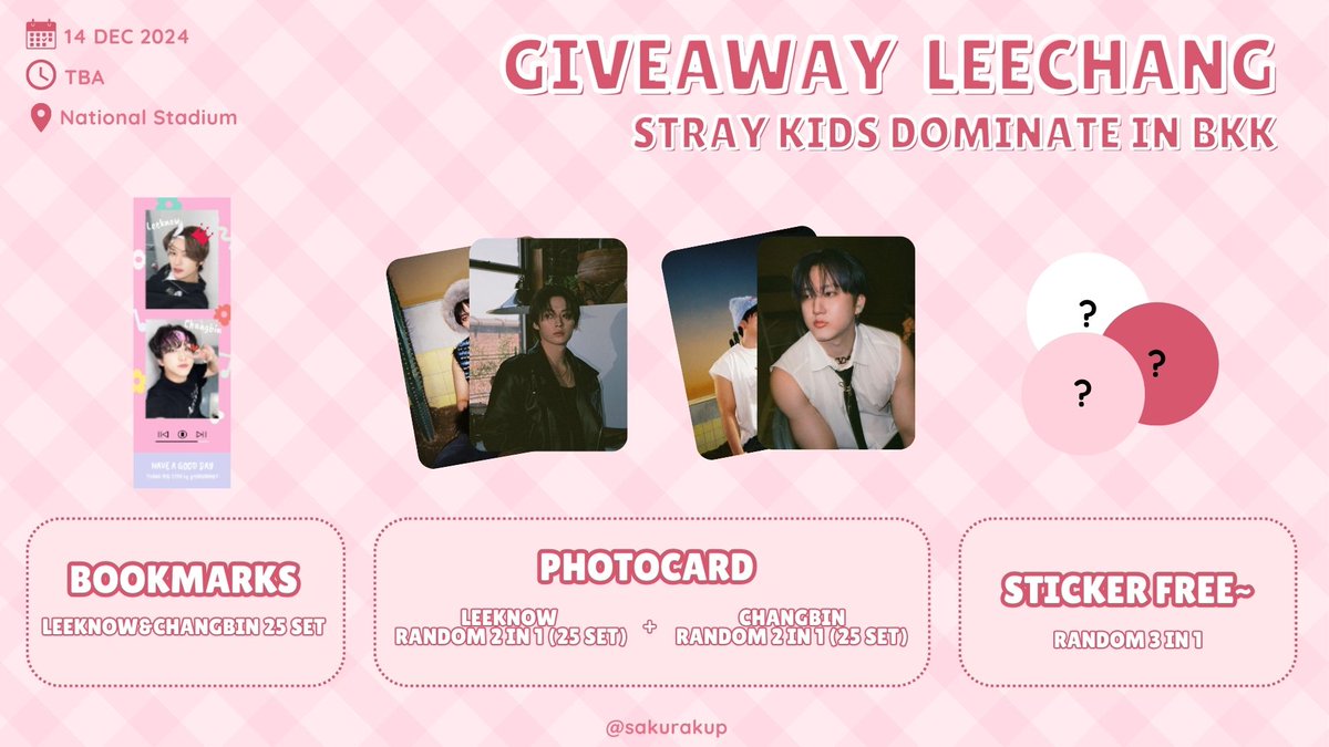 sakurakup's tweet photo. pls rt ꒰ᵕ⁠༚⁠ᵕ⁠꒱⁠♡  

Giveaway Leechang Stray kids <dominATE in BKK>

• Bookmarks LeeChang 25 set
• Photocard Leeknow+Changbin 50 set
• Free Sticker Changbin random

rt &amp; show this tweet 

📅14 Dec 2024 
⏰TBA 
📍National Stadium

#dominATE_BKK #dominATE_BANGKOK https://t.co/GQAzQ1x4kE