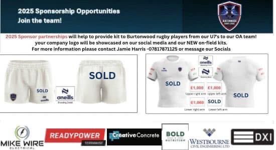 🏉Sponsorship Opportunity🏉

New kit for 2025? 
Your brand will be across all of our kits from Under 7s to Open Age! 
Check out the post below for more details and drop us a DM on our socials for further info. 
#BackTheBridge #WeAreBurtonwoodRL