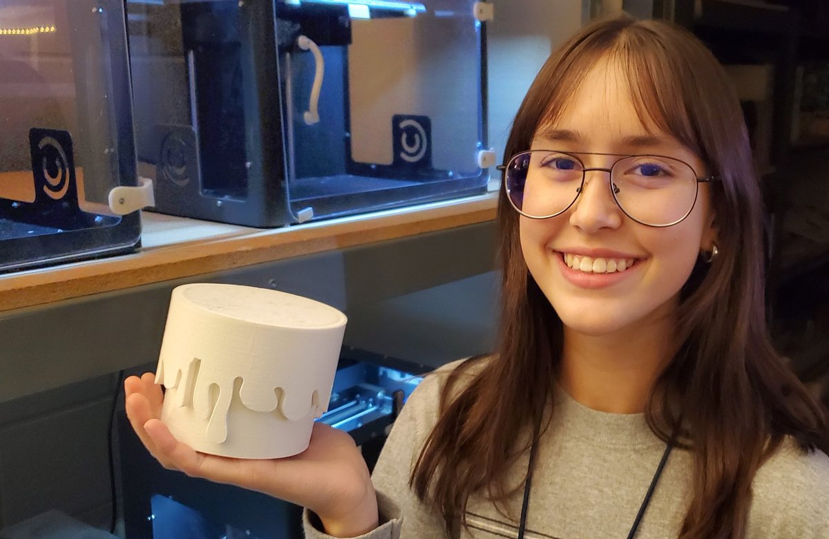 Presley Tillotson, #PLTW #IED student, made a friction-fit paint can box for her protective case project.  Very cool wrapped extrusion to make the paint! #MooreNorman #OkCareerTech