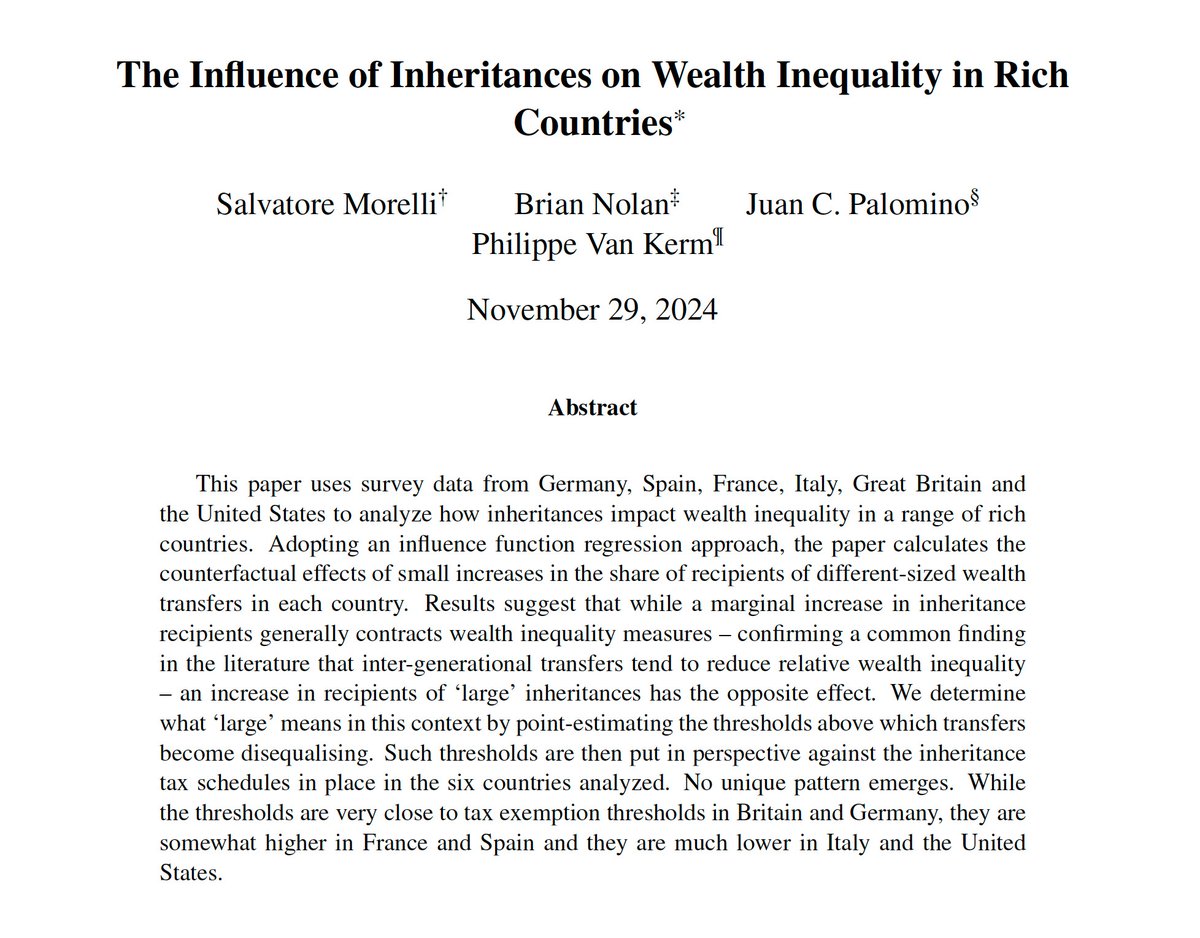 Stone Center on Socio-Economic Inequality (@stone_lis) on Twitter photo At what point do inheritances increase wealth inequality? What are the possible implications for the design of inheritance taxes? A new WP on data from 6 rich countries by <a href="/MorelliSal/">Salvatore Morelli</a>, Brian Nolan, @J_C_Palomino & Philippe Van Kerm.
bit.ly/3OHw0Yw At what point do inheritances increase wealth inequality? What are the possible implications for the design of inheritance taxes? A new WP on data from 6 rich countries by <a href="/MorelliSal/">Salvatore Morelli</a>, Brian Nolan, @J_C_Palomino & Philippe Van Kerm.
bit.ly/3OHw0Yw