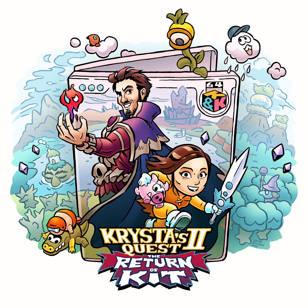 KitandKrysta's tweet photo. We teamed up with the incredible @davidhellman to create our next line of community-inspired merch, this time in the video game adventure we've always imagined for ourselves! Catch the exclusive design in our online store for a limited time on clothing, accessories and more. https://t.co/zEesEK9Ux9