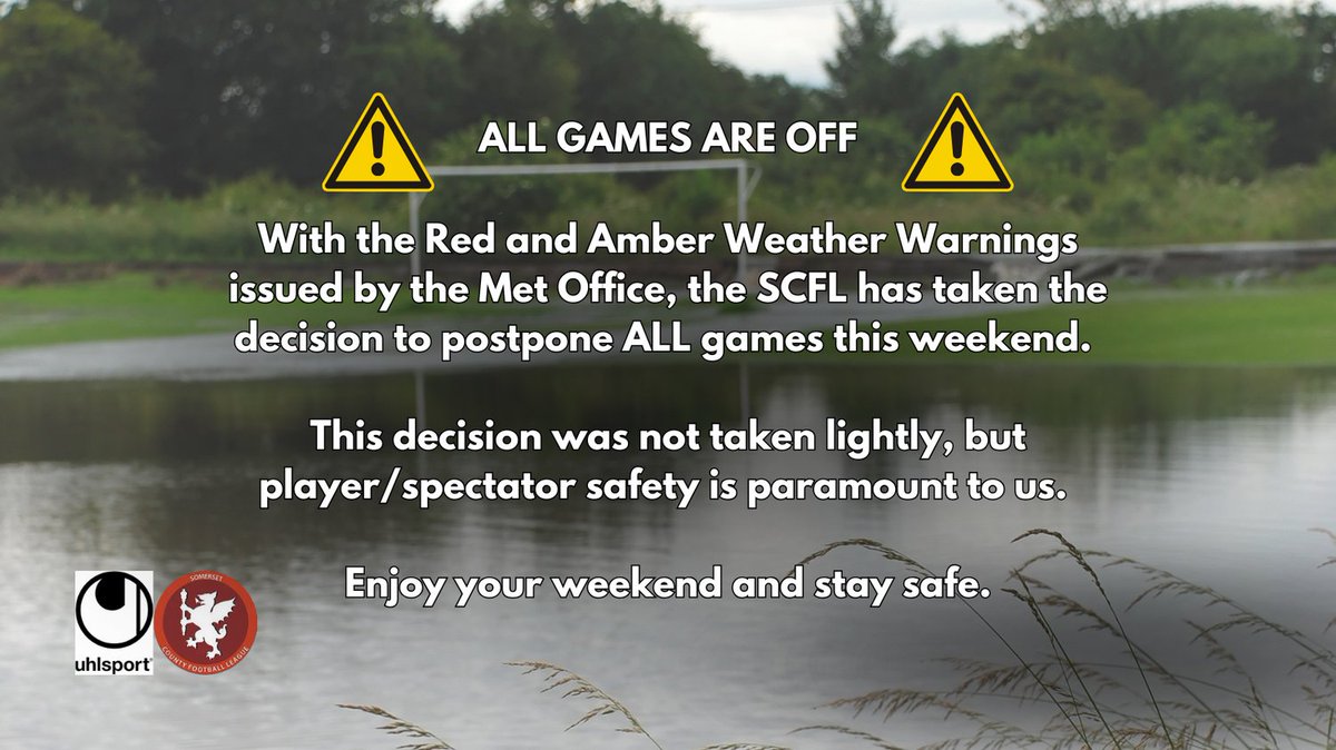 ALL GAMES ARE OFF

Please note that all games on Saturday 7th December in the SCFL are now POSTPONED due to the Red and Amber Weather Warnings.

Stay safe, and we go again next weekend.