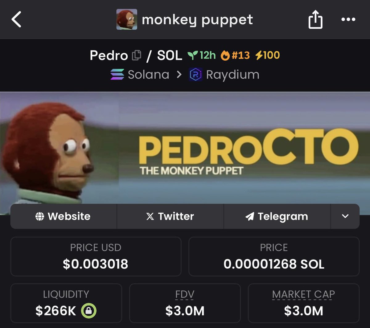BC_MAVERIC's tweet photo. $pedro Aped at $3.0M
#coinfusion #pedro #blockchain #solana https://t.co/8bOPXshTdL