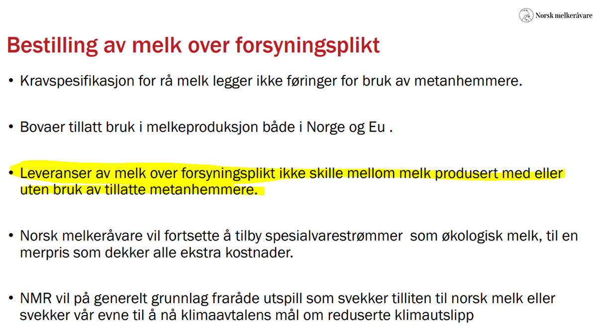 norgonaut's tweet photo. Norsk Melkråvare (en del av TINE SA) hadde i dag et "kundemøte" kalt inn grunnet "Uro i media og spesielt i sosiale kanaler knyttet til virkninger av Bovaer som metanhemmer i melkeproduksjon".

Jeg tror "krisemøte" er dekkende for dette møtet.

De har fått med seg folkeopprøret mot deres valg og fremgangsmåter, er dette møtet samlet sammen for å si de lytter til forbrukerne og vil endre kurs?

Nei, de tar på ingen måte kundenes uro til seg, men gjentar den same retorikken vi har hørt så mye de siste dagene

- Bovaer er tillatt å bruke
- Bovaer er trygt å bruke
- Bovaer har god effekt på metanutslipp og er et av de viktigste tiltakene få å nå måla om redusert klimautslipp fra melk
- Lytt til "ekspertene" og de "ofisielle kanalene" (TINE, Metanhub, Norsk melkråvare (TINE) osv.)

Konklusjonen var også forutsigbar og arrogant: Bruken av Bovaer skal økes, og melka fra disse kyrne skal blandes med annen melk, slik at forbruker ikke vil ha mulighet til å velge.

h/t @TheRealMstFjell for å gjøre meg oppmerksom på dette!

#BoikottTINE

Kilde: https://t.co/oFx9tTPGcd