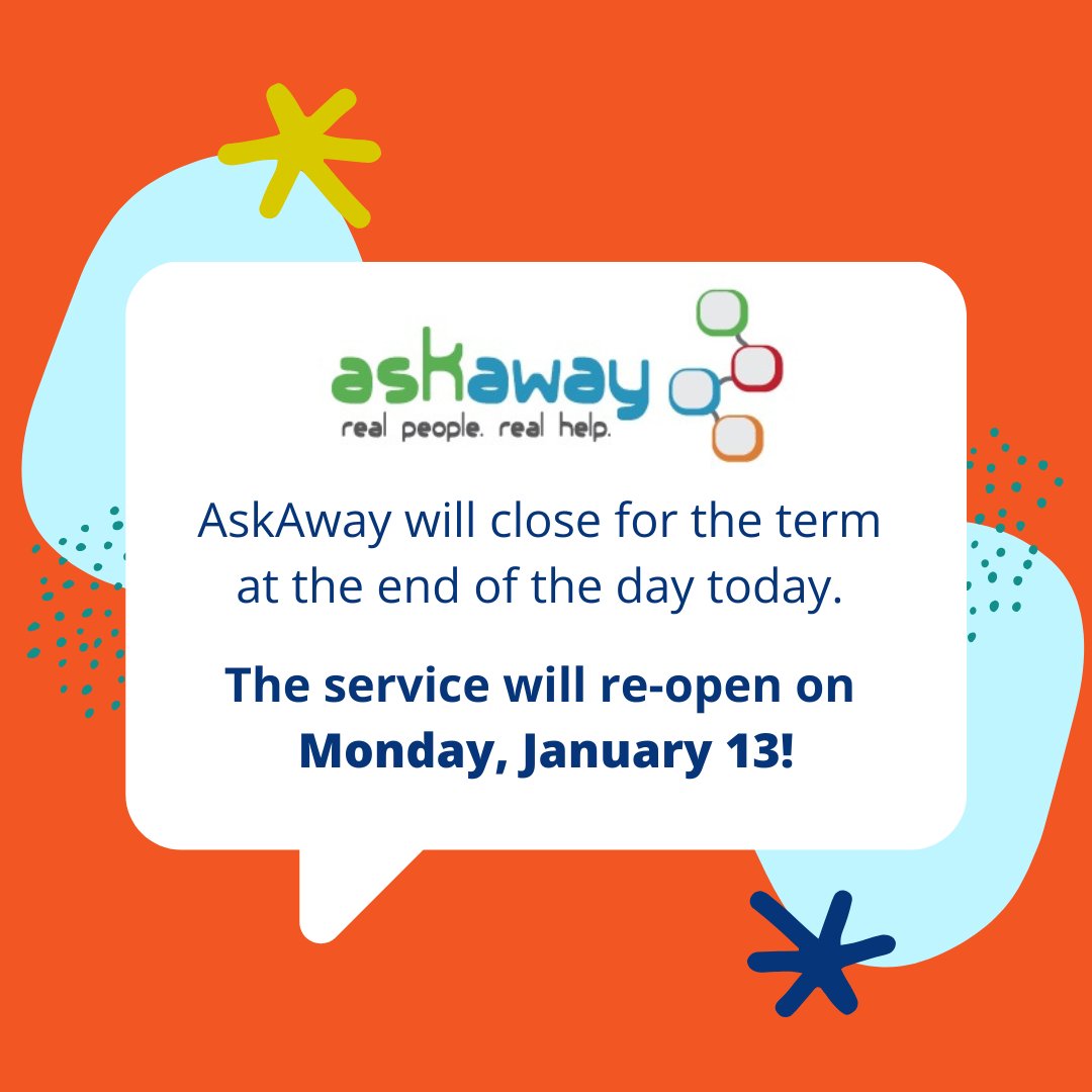 nic_library's tweet photo. 💬AskAway Update💬
AskAway will close for a short break at the end of the day today and will reopen for the new term on Monday, January 13th

Looking for research or citation help? Online &amp; in-person appointments are still available through the library! Visit the library homepage https://t.co/4ujZKmePpA