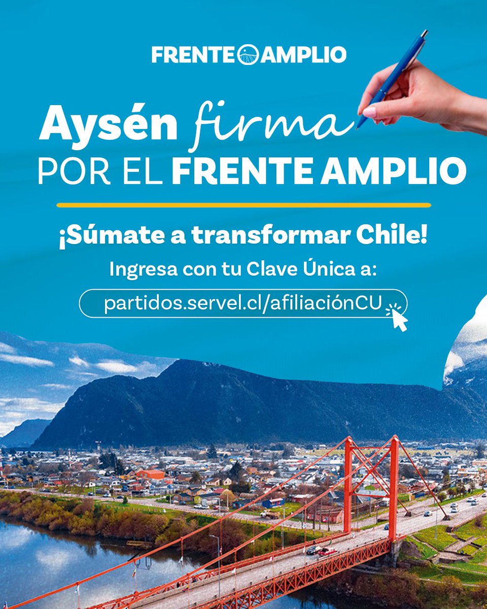 ¡Vamos de Frente para Transformar Chile!✊🏽Súmate a las filas del Frente Amplio Aysén.
Ingresar al enlace de aquí abajo, y sigue las instrucciones. ¡Es tan fácil que lo puedes hacer con tu Clave Única! ¡Hazte militante del FA! 🙌🇨🇱

Ingresa ahora en: partidos.servel.cl/afiliacionCU