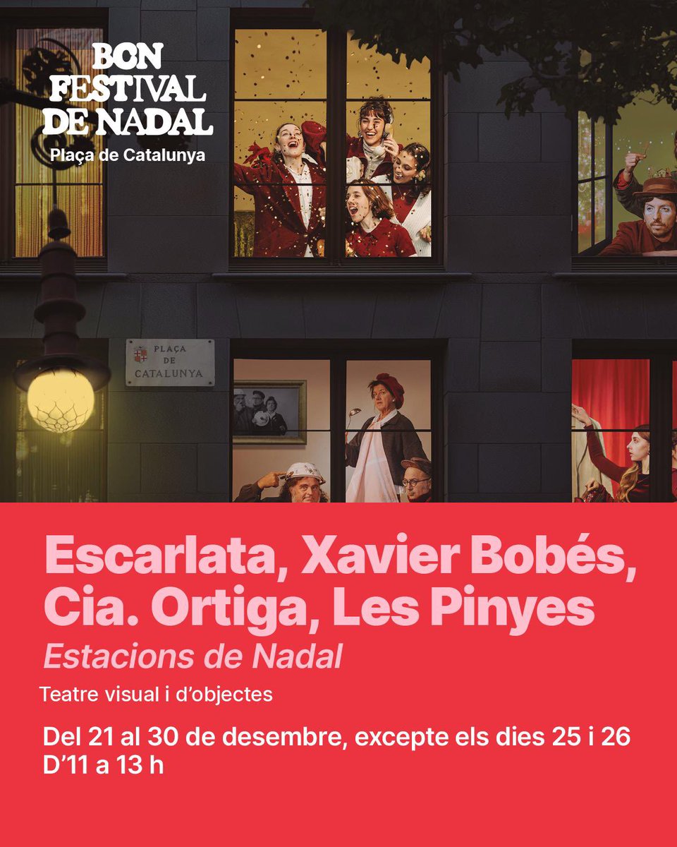 🎭✨Estacions de Nadal arriba a Plaça Catalunya! ✨🎭  

Aquest Nadal, deixa’t sorprendre pel teatre visual i d’objectes de Xavier Bobés, Cia. Ortiga, Les Pinyes i Escarlata🎄🌟  

📅 Del 21 al 30 de desembre 
❌ (Excepte els dies 25 i 26)  
🕚 D’11 h a 13 h