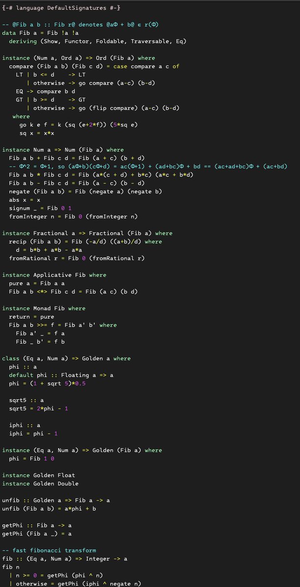 kmett's tweet image. As if any Haskeller is going to be content with just that...

The solution will devolve into one of three other derangements:

fib = 0:1:zipWith(+) fib (tail fib)

A longer pointfree version of the same using fix and zipWith (+) &amp;lt;*&amp;gt; tail. 

Let me guess, now that that puzzle has…