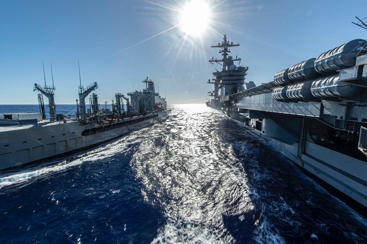 USPacificFleet's tweet photo. Fueling the fleet, maintaining readiness. ⛴️⚓️ The USS Carl Vinson (CVN 70) conducts a fueling-at-sea with the USNS Henry J. Kaiser (T-AO 187) in the U.S. 7th Fleet #US7thFleet #USNavy https://t.co/hChUreTp4U