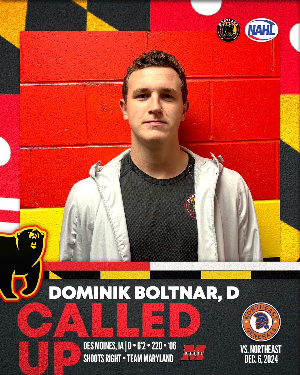 BlackBearsNAHL's tweet image. Maryland make their Call Ups!

We welcome back David Van Iterson and Logan Hughes 👏 @TMarylandAAA product, Dominik Boltnar gets a shot at the blue line this weekend and Forward, Jaden Duprey will look to make his mark coming up from the NCDC! 

Let’s go boys! #MarylandBlackBears