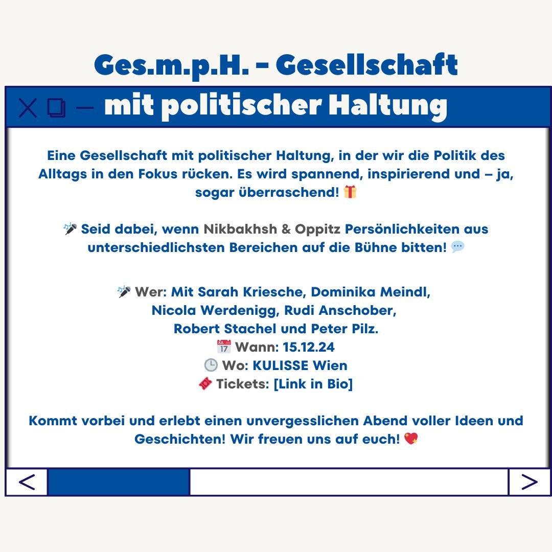 Michael Nikbakhsh &amp; <a href="/KlausOppitz/">Klaus Oppitz</a> präsentieren: am 15.12. kommt <a href="/Peter_Pilz/">Peter Pilz</a> zu uns auf die Bühne. Wer das nicht verpassen will, sollte schnell Karten kaufen! 😁
Mit: Dominika Meindl, Sarah Kriesche, <a href="/NicolaWerdenigg/">Nicola Werdenigg </a>,<a href="/rudi_anschober/">Rudi Anschober</a>, <a href="/stachel/">Robert Stachel</a>