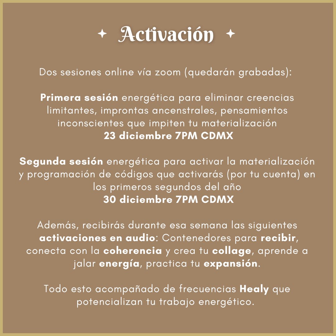 Rosalitm's tweet photo. Acelera el proceso de manifestación de tus sueños 🤩 con dos sesiones potentes ✨ y varios ejercicios que he creado para utilizar la energía disponible del portal de año nuevo 💫. Todo esto más frecuencias cuánticas, para lograr tus metas desde la armonía y el balance. https://t.co/dVeq6fgtkK