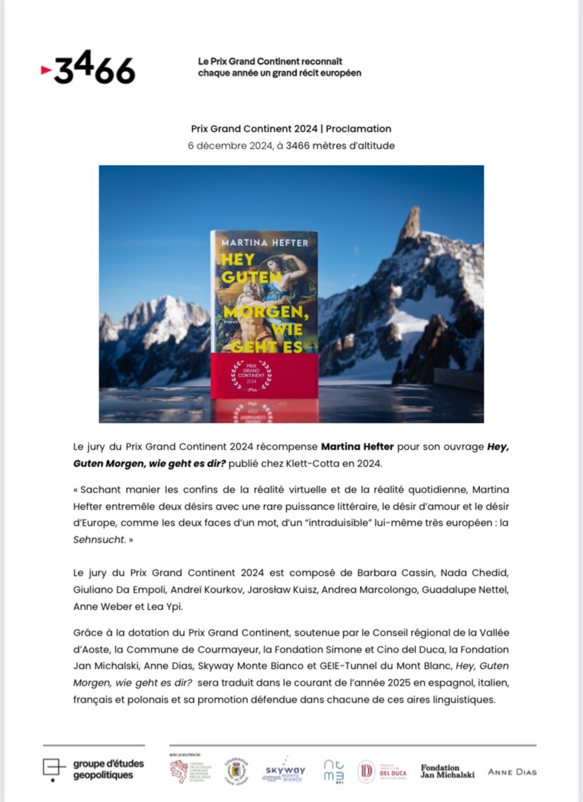 Le Prix <a href="/Grand_Continent/">Le Grand Continent</a> 2024 est remis à Martina Hefter pour Hey, Guten Morgen, wie geht es dit? <a href="/KlettCottaTweet/">Klett-Cotta</a>