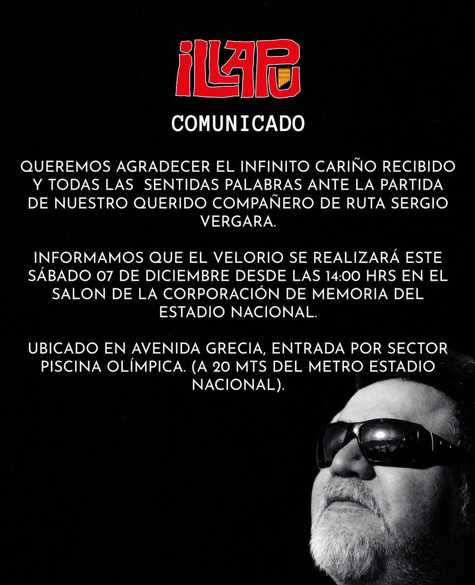 illapu's tweet photo. Amigas y amigos
Queremos compartir con ustedes la información del velorio que se realizará para nuestro querido compañero Sergio Vergara. https://t.co/T88CVwmdf4