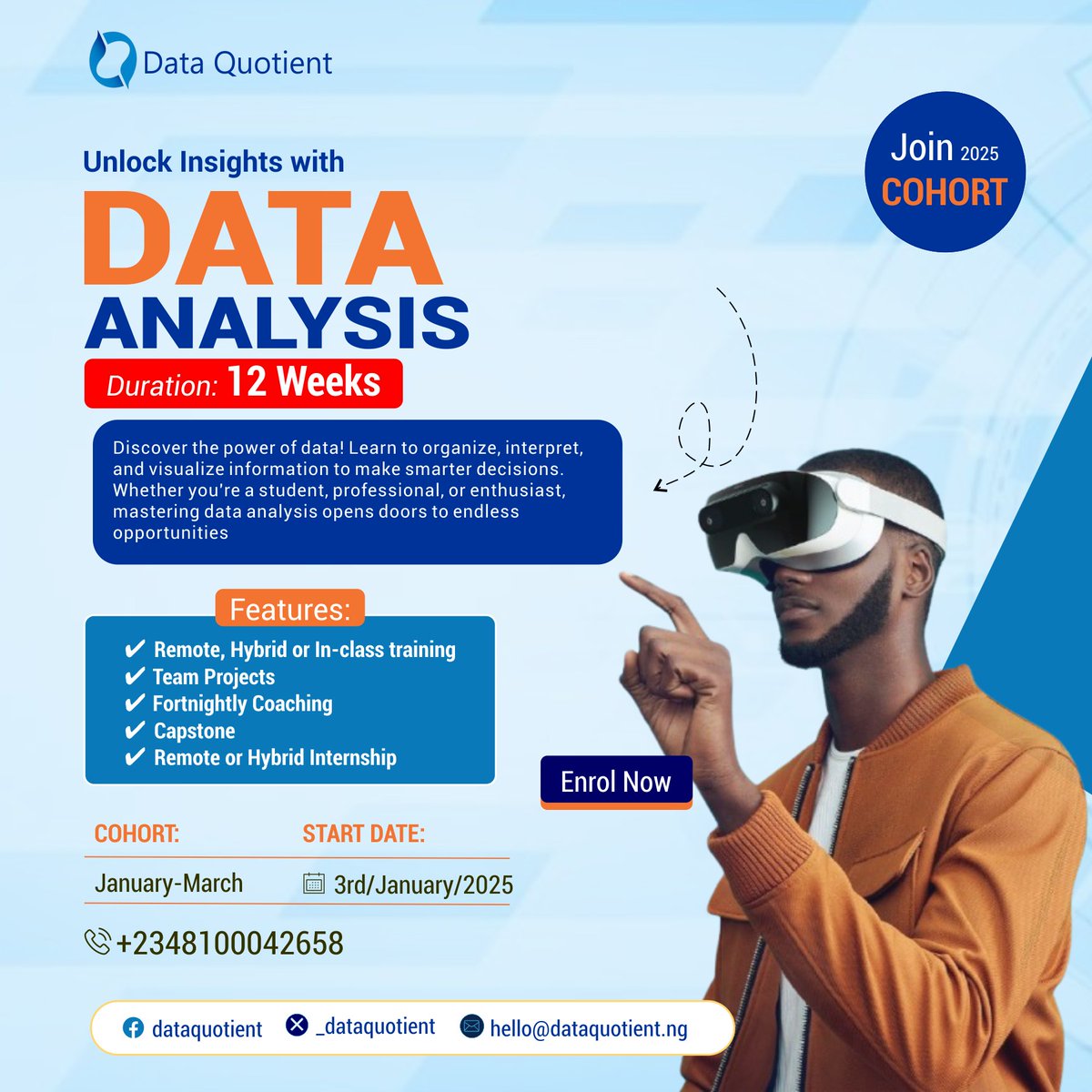 _dataquotient's tweet photo. 🌐 Step Into 2025 With a New Skill Set! 
Are you ready to elevate your career and stand out in the tech industry? 🚀 Join our January Cohort at Data Quotient and gain real-world insights from hands-on training and day-to-day project experiences!

📊 What You’ll Get:
✅ Flexible remote/hybrid training options
✅ Team projects for practical exposure
✅ Personalized coaching and mentorship

🗓️ Start Date: 3rd January 2025
⏳ Duration: 12 weeks of transformative learning
👉 Don’t miss this chance to upskill and unlock exciting opportunities. Take the first step toward your tech dream today!

📥 Enroll Now: https://t.co/VclB3vMZsB
📞 Contact us: +2348100042658
Let’s make 2025 your breakthrough year in tech! 🌐✨ hashtag#dqtechconnect24 hashtag#dataquotient hashtag#dqhub