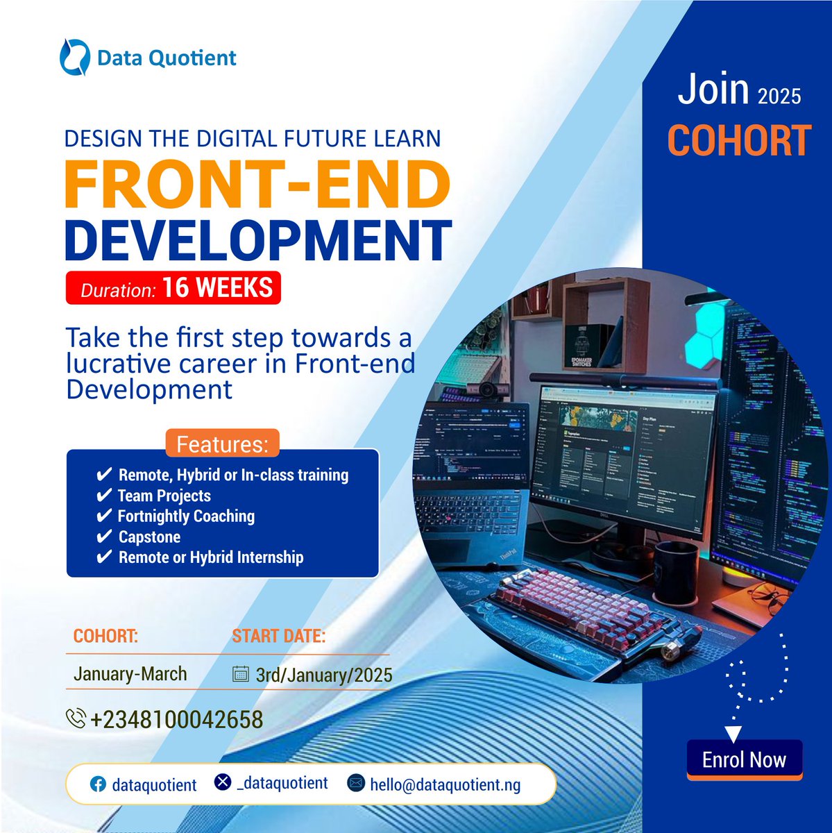 _dataquotient's tweet photo. 🌐 Step Into 2025 With a New Skill Set! 
Are you ready to elevate your career and stand out in the tech industry? 🚀 Join our January Cohort at Data Quotient and gain real-world insights from hands-on training and day-to-day project experiences!

📊 What You’ll Get:
✅ Flexible remote/hybrid training options
✅ Team projects for practical exposure
✅ Personalized coaching and mentorship

🗓️ Start Date: 3rd January 2025
⏳ Duration: 12 weeks of transformative learning
👉 Don’t miss this chance to upskill and unlock exciting opportunities. Take the first step toward your tech dream today!

📥 Enroll Now: https://t.co/VclB3vMZsB
📞 Contact us: +2348100042658
Let’s make 2025 your breakthrough year in tech! 🌐✨ hashtag#dqtechconnect24 hashtag#dataquotient hashtag#dqhub