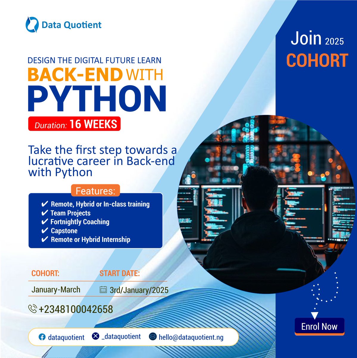 _dataquotient's tweet photo. 🌐 Step Into 2025 With a New Skill Set! 
Are you ready to elevate your career and stand out in the tech industry? 🚀 Join our January Cohort at Data Quotient and gain real-world insights from hands-on training and day-to-day project experiences!

📊 What You’ll Get:
✅ Flexible remote/hybrid training options
✅ Team projects for practical exposure
✅ Personalized coaching and mentorship

🗓️ Start Date: 3rd January 2025
⏳ Duration: 12 weeks of transformative learning
👉 Don’t miss this chance to upskill and unlock exciting opportunities. Take the first step toward your tech dream today!

📥 Enroll Now: https://t.co/VclB3vMZsB
📞 Contact us: +2348100042658
Let’s make 2025 your breakthrough year in tech! 🌐✨ hashtag#dqtechconnect24 hashtag#dataquotient hashtag#dqhub