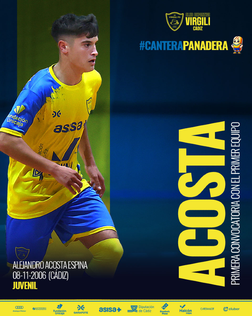 CDVirgiliCadiz's tweet photo. #CanteraPanadera | ¡Acosta hace historia! 👏

Nuestro jugador JUVENIL da el salto al primer equipo y estará convocado por primera vez para un partido oficial. 🌟

Un orgullo para toda la familia panadera💛💙 https://t.co/tw1o42C17Z