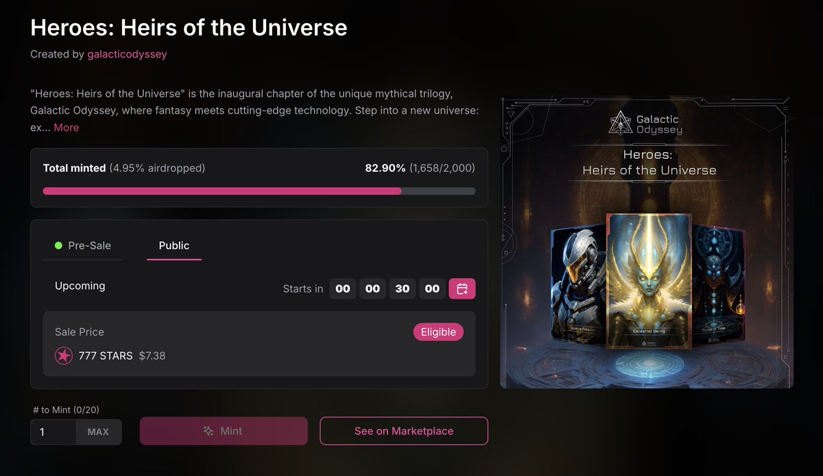 GalOdysseyNFT's tweet image. We&apos;re exactly 30 minutes away from the start of the Public Mint phase 🚀 

stargaze.zone/l/stars1pwaxm8…

Are you ready? 😈