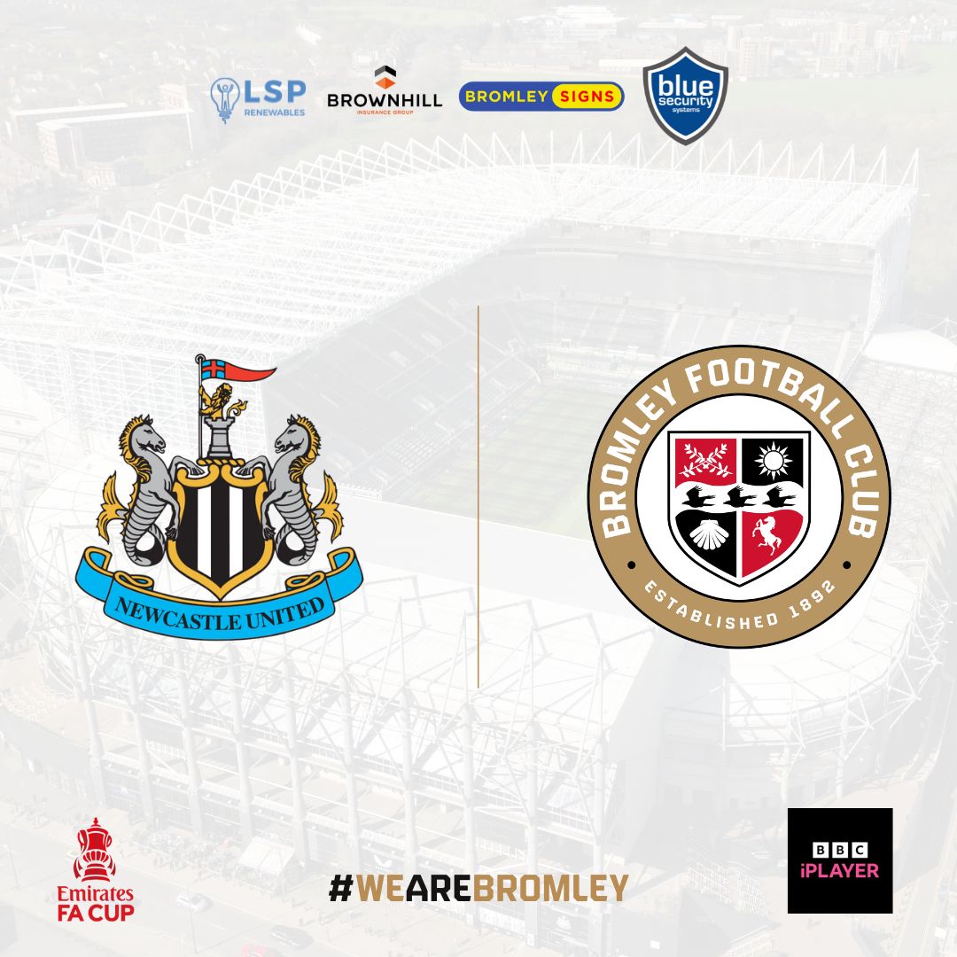 bromleyfc's tweet photo. Bromley's Emirates FA Cup Third Round tie away to Premier League side Newcastle United has been confirmed for Sunday 12th January 2025, 3pm kick-off 🗓

The tie will also be screened live on BBC iPlayer 📺

Ticket details will be announced in due course 🎟

#WeAreBromley https://t.co/HSzqnEQeEN