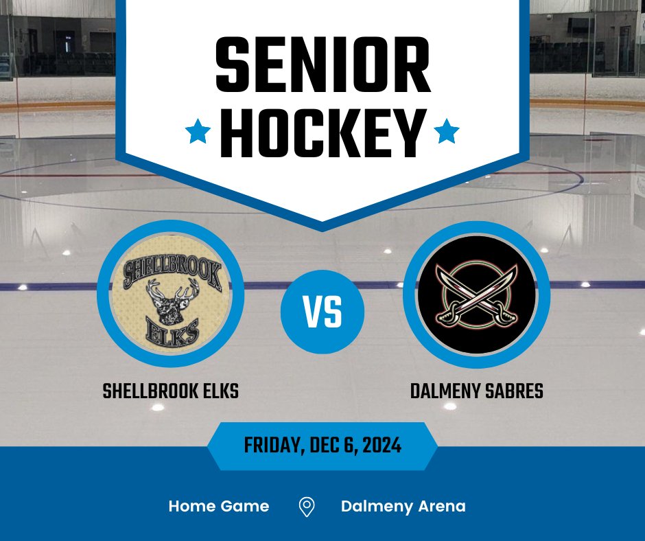 Last home game until Dec 13th. Tonight the @Dalmeny Sabres Senior Hockey Team take on the Shellbrook Elks and the puck drops at 8:30pm. Let's go Sabres!
