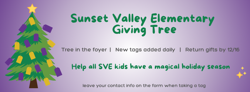 SunsetValleyPTA's tweet photo. The Giving Tree is up—grab a tag and make an SVE student's Christmas! Look for the small green tree on a table in the school foyer. Don't forget to leave your contact info on the sheet next to it. https://t.co/BRuINr48ci